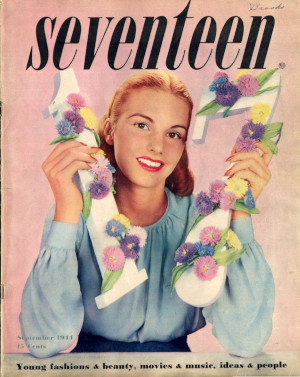 Cover of the first issue of Seventeen magazine.  The phrase “Young fashions & beauty, movies & music, ideas & people” appeared at the bottom of the cover of the first several issues and emphasized music’s privileged position in girl culture (Seventeen Sept 1944).  