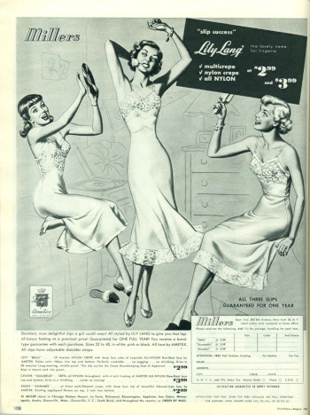 Advertisement for slips shows girls dancing and using an LP as a makeshift tambourine (Seventeen Aug 1949)