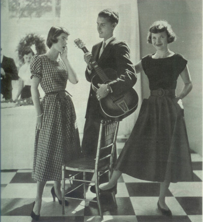 In this photo from the same December 1949 fashion feature, it is significant that the boy, not the girls, is holding the guitar (Seventeen Dec. 1949)