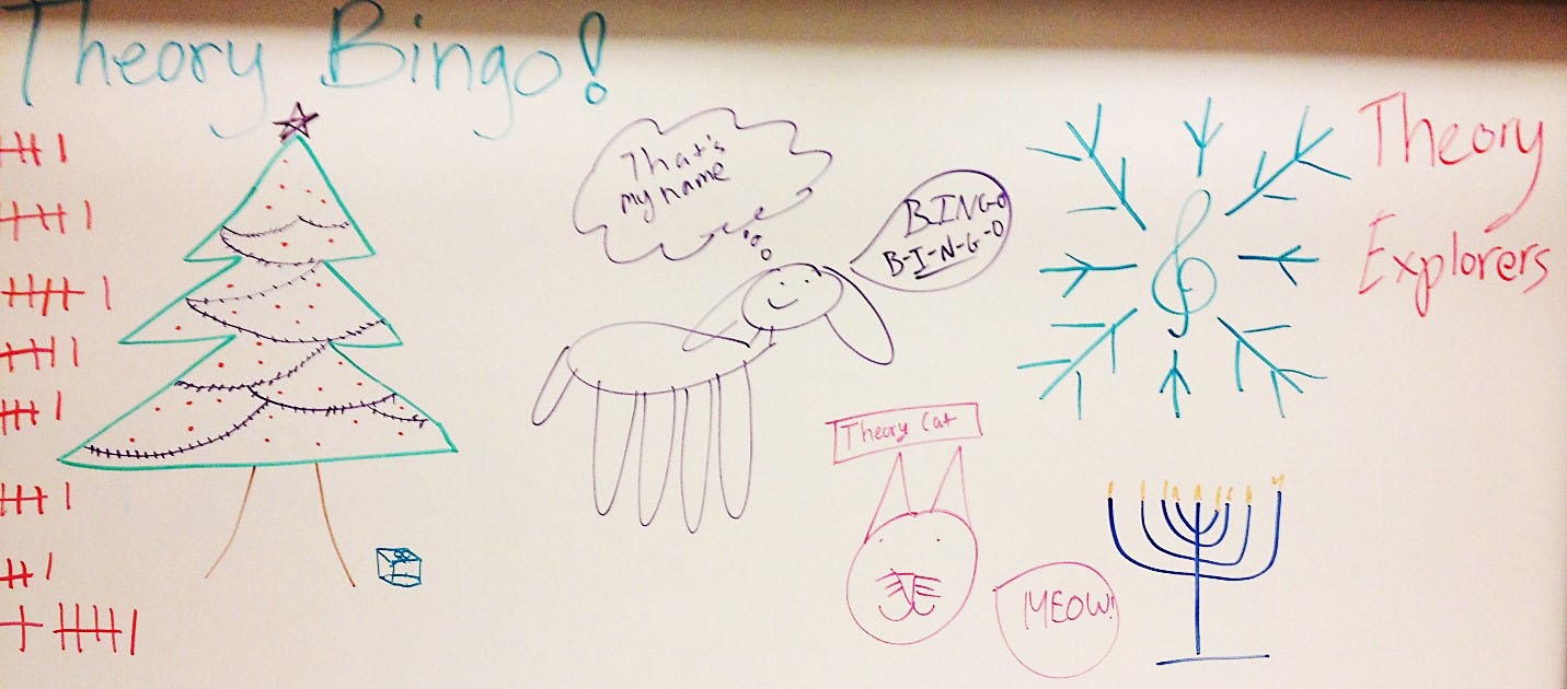 A whiteboard drawing with the heading ‘Theory Bingo!’ at the top. The board features several doodles and sketches.