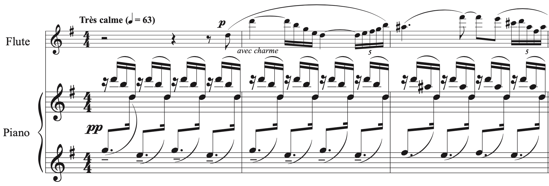 Sheet music for flute and piano. The flute plays a calm melody marked ‘Très calme,’ while the piano softly accompanies with arpeggios. Dynamics range from pp to p.