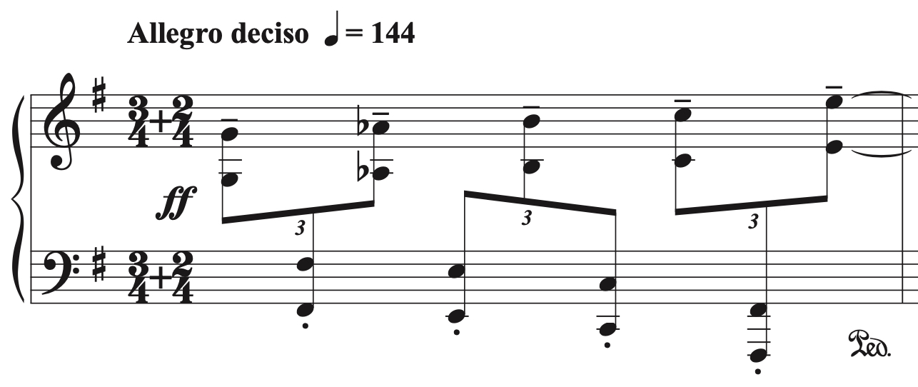 Sheet music in 3/4 and 2/4 time signature marked ‘Allegro deciso’ at 144 BPM. The melody features triplets and strong dynamics, starting at fortissimo (ff).
