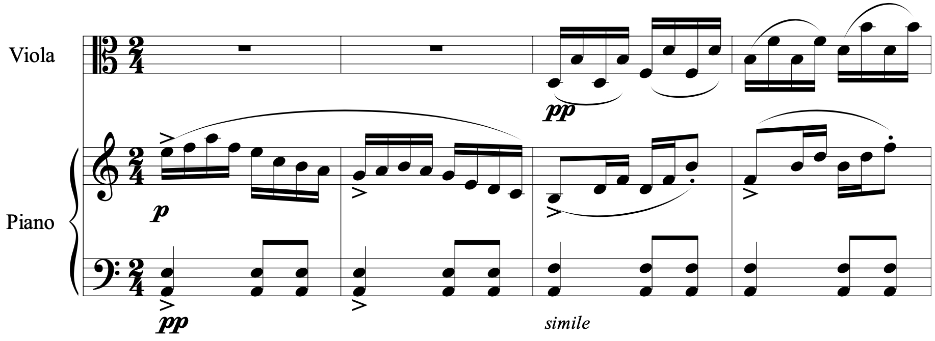Sheet music for viola and piano in 2/4 time. The viola has a soft, legato melody marked pp, while the piano accompanies with arpeggios and dynamics ranging from p to pp.