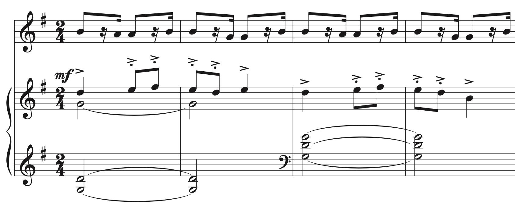 Sheet music for piano in 2/4 time. The right hand plays a sequence of staccato notes, while the left hand holds longer, sustained notes. Dynamics are marked mf with accents.