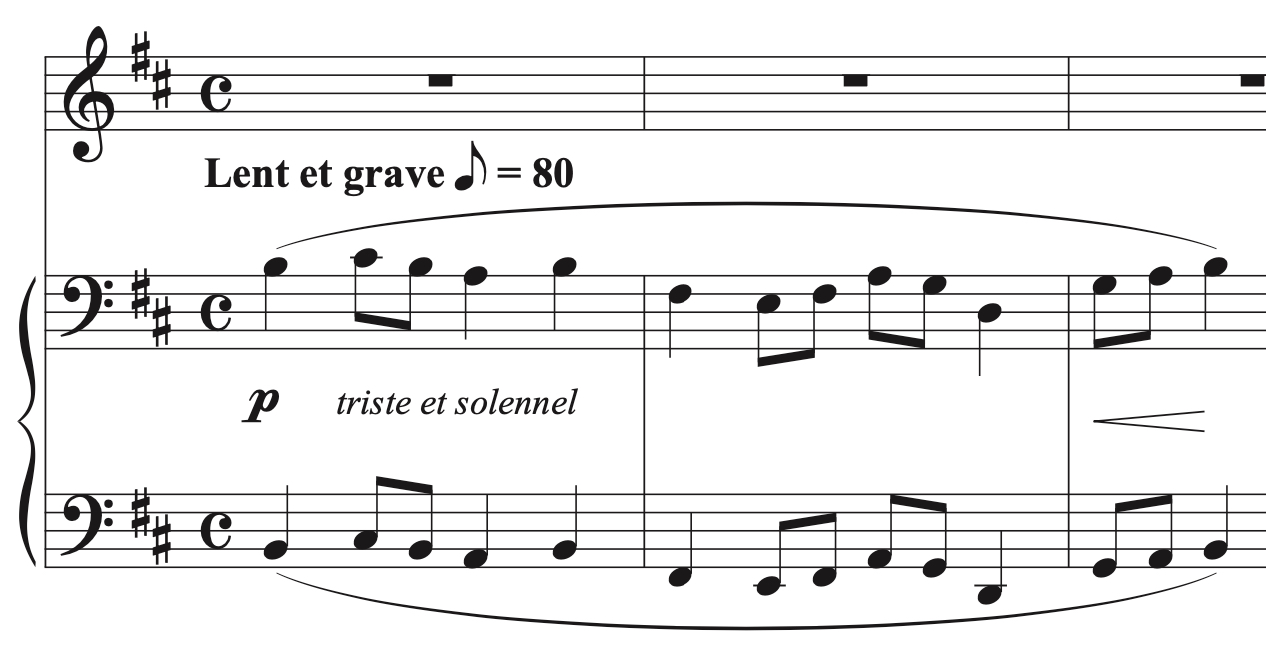 Sheet music in common time marked ‘Lent et grave’ at 80 BPM. The melody is labeled ‘triste et solennel’ with soft dynamics (p) and a gradual crescendo.