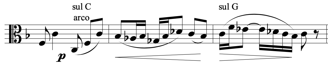 Sheet music in 3/4 time marked ‘sul C’ and ‘sul G’ with arco for string instruments. The passage begins softly (p) with slurs and crescendos, transitioning between C and G strings.