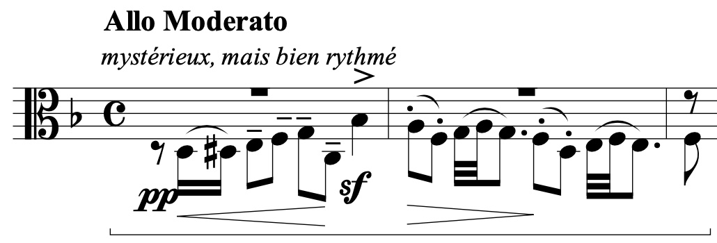 Sheet music in common time marked ‘Allo Moderato’ with the instruction ‘mystérieux, mais bien rythmé.’ The passage starts pianissimo (pp) and includes accents and a sforzando (sf).