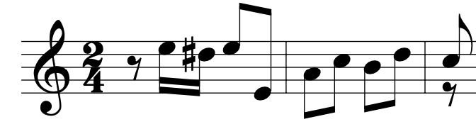Sheet music in 2/4 time featuring a simple melodic line with ascending and descending eighth notes.