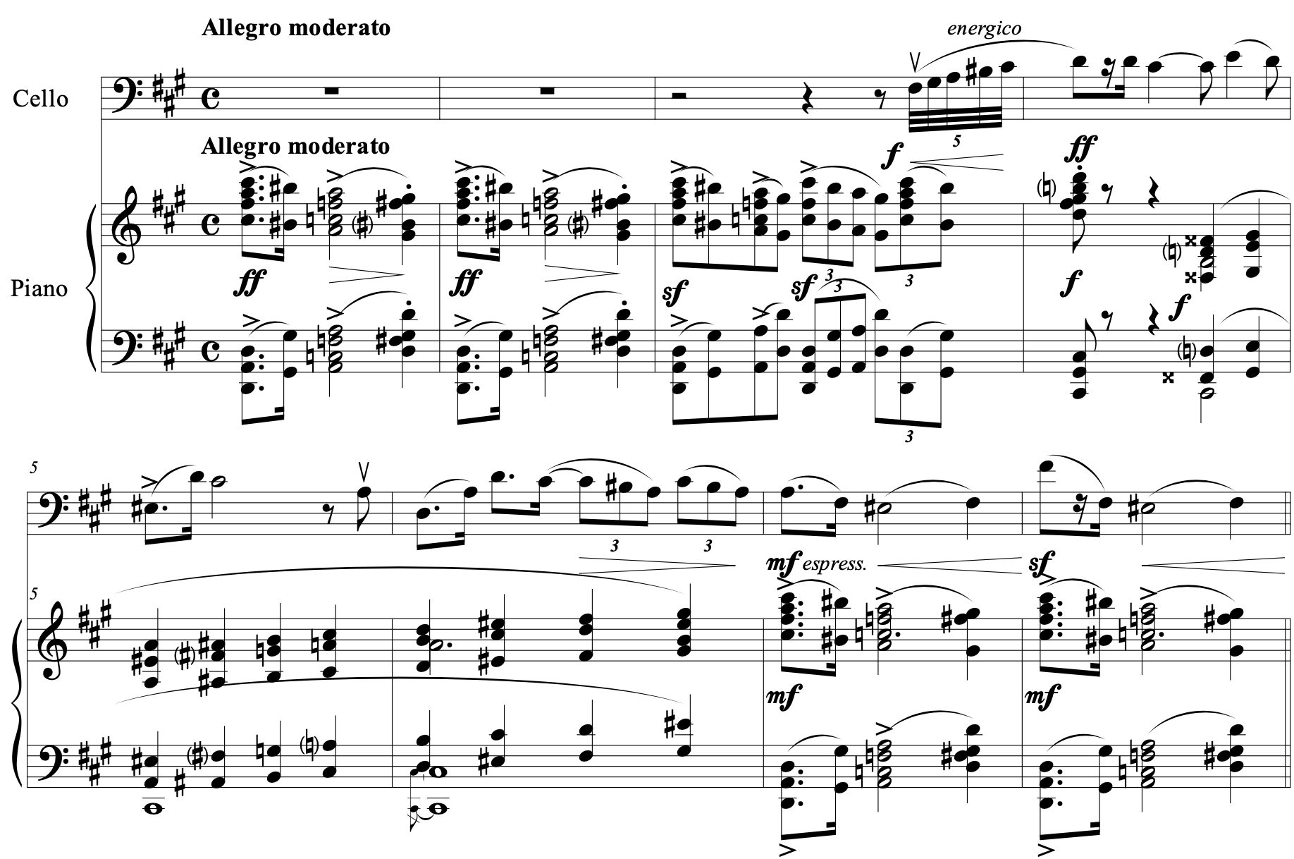 Sheet music for cello and piano in common time marked ‘Allegro moderato.’ The piano features fortissimo (ff) chords with accents and sforzandos (sf), while the cello plays a more melodic line, transitioning to ‘energico.’ Dynamics range from mf to ff.