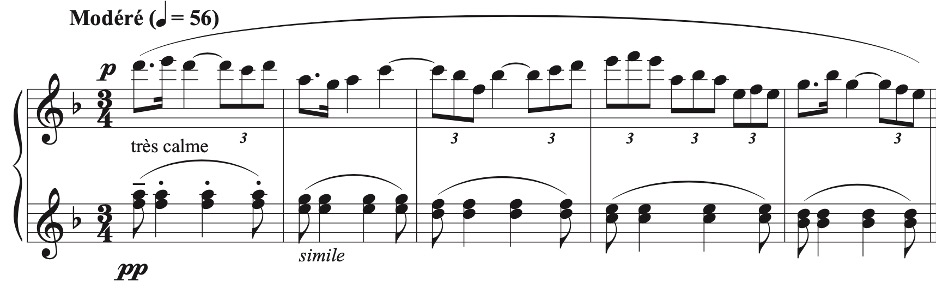 Sheet music in 3/4 time marked ‘Modéré’ at 56 BPM. The upper voice plays a calm, flowing melody labeled ‘très calme,’ while the lower voice repeats soft arpeggios marked pp.
