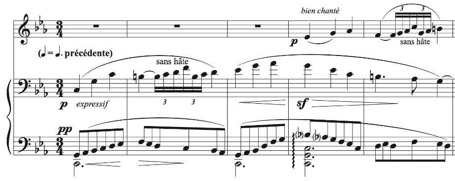 Sheet music in 3/4 time, marked with a tempo from the previous section. The melody is labeled ‘sans hâte’ and ‘bien chanté’ with soft dynamics (p, pp). Expressive phrasing and a sforzando (sf) are present in the accompaniment.