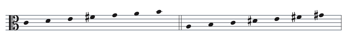 Sheet music showing a simple ascending and descending melodic line in bass clef.