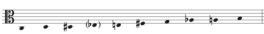 Sheet music in bass clef showing a melodic line that includes both sharps and flats.