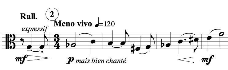 Sheet music in 3/4 time marked ‘Rall.’ and ‘Meno vivo’ at 120 BPM. The dynamics range from mf to p, with expressive phrasing (‘expressif’) and ‘bien chanté’ instructions for a smooth, sung-like melody.