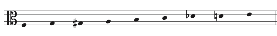 Sheet music in bass clef showing a simple melodic line that begins with a sharp note and transitions to flats.