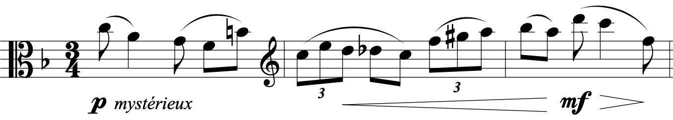 Sheet music in 3/4 time, marked ‘mystérieux’ with dynamics starting at piano (p) and crescendoing to mezzo-forte (mf). The melody features triplets, slurs, and both flat and sharp notes.