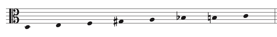 Sheet music in bass clef showing an ascending and descending melodic line with a mixture of sharps and flats