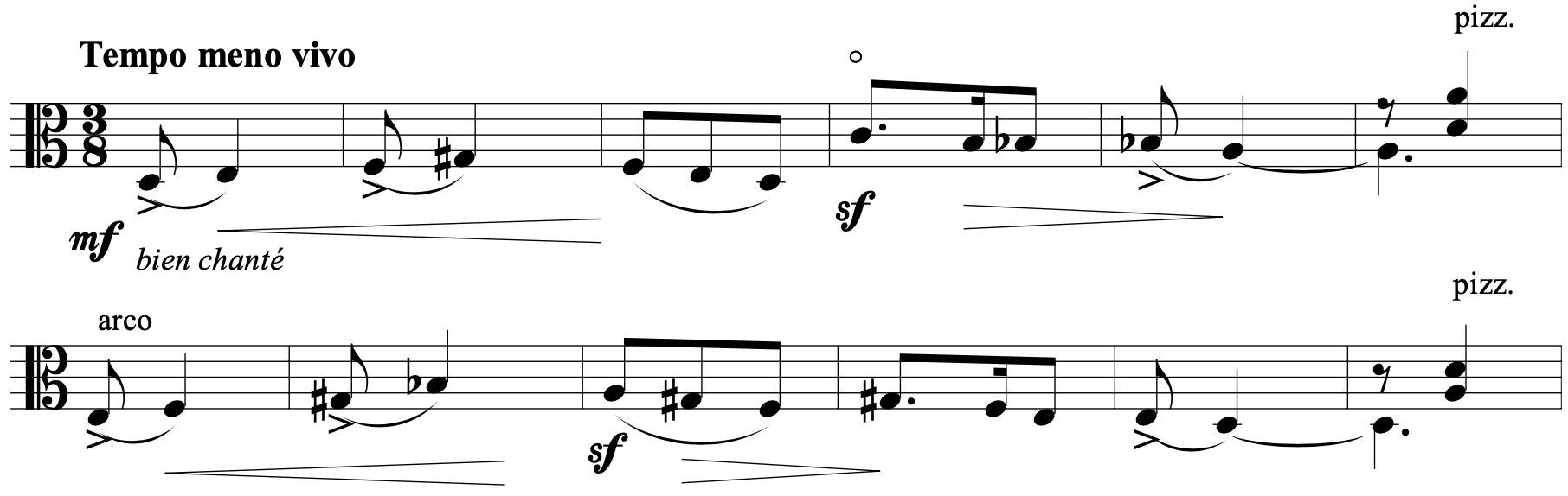 Sheet music in 3/8 time marked ‘Tempo meno vivo.’ The dynamics range from mf to sf, with instructions ‘bien chanté’ and ‘arco’ for expressive playing. Some sections are marked pizzicato (pizz.).