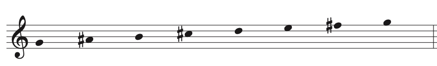 Sheet music in treble clef featuring an ascending melodic line with a series of sharp notes, transitioning smoothly with a mix of quarter and eighth notes.