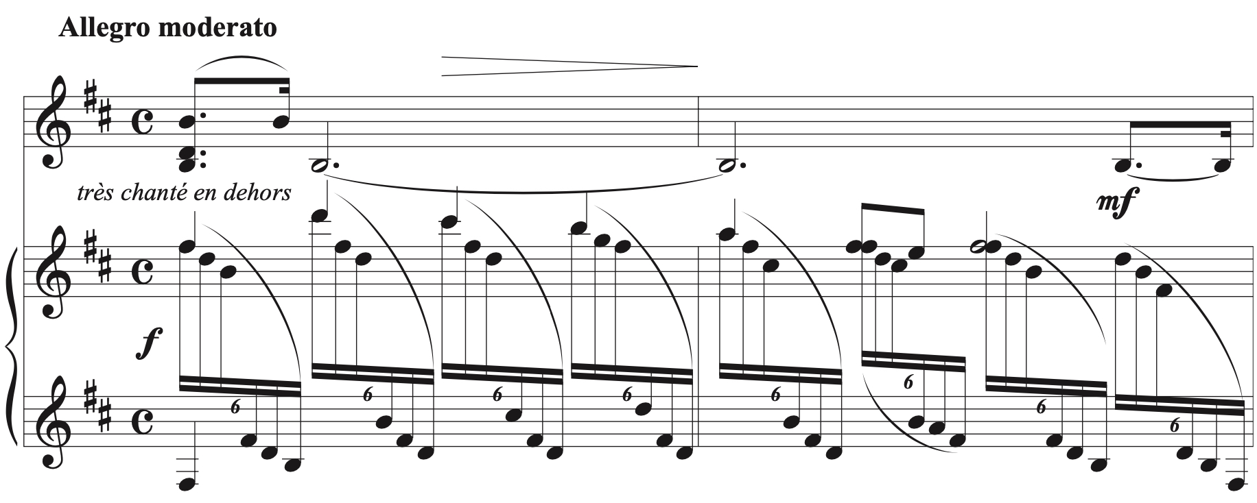 Sheet music in common time marked ‘Allegro moderato.’ The piano features forte (f) chords and sextuplets in the left hand, while the right hand has a lyrical melody labeled ‘très chanté en dehors,’ with dynamics transitioning from forte to mezzo-forte (mf).
