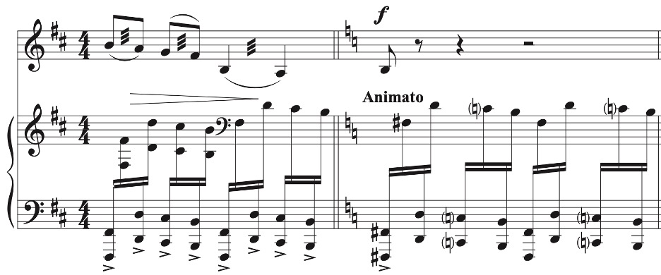 Sheet music in 4/4 time marked ‘Animato.’ The upper voice has a lively melody marked forte (f), while the lower voices feature repeated arpeggiated chords with accents marked with ‘v’ symbols.