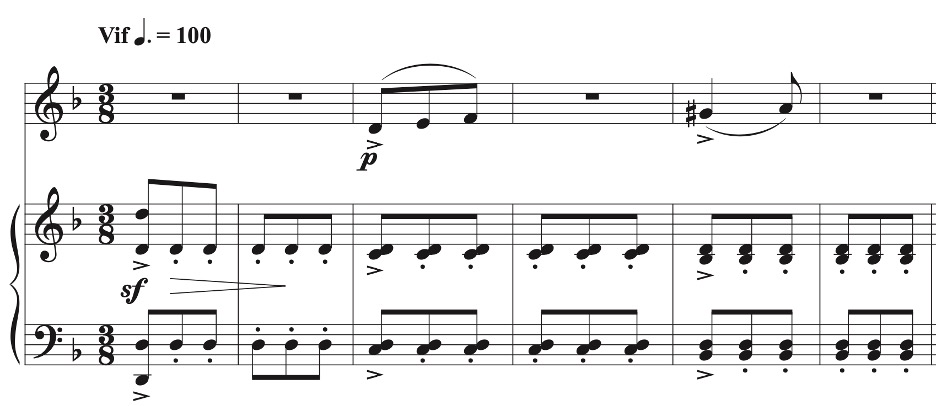 Sheet music in 3/8 time marked ‘Vif’ at 100 BPM. The melody starts softly (p) with accents, while the accompaniment features staccato chords with sforzandos (sf) and accents, creating a lively and rhythmic texture.