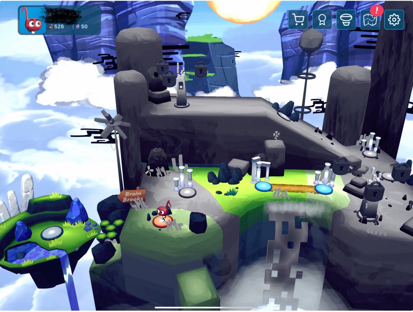 Colorful 3D game environment with floating islands, a red character near a “Brain Breaks” sign, locked portals, and a mix of grassy and rocky terrain suspended in the clouds.