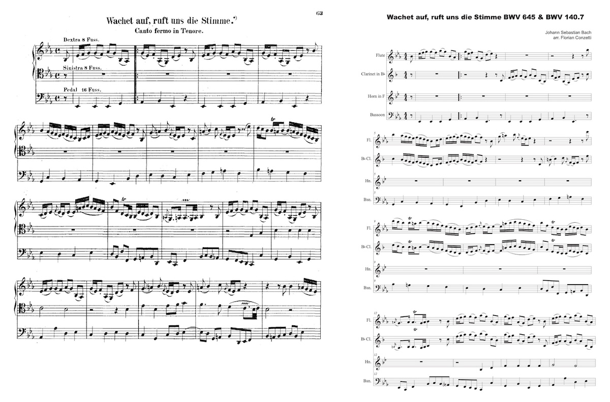 Two sets of musical scores for “Wachet auf, ruft uns die Stimme.” Left: original Bach organ score in three staves labeled Dextra, Sinistra, and Pedal. Right: a modern instrumental arrangement by Florian Conzetti, with parts for flute, clarinet in B-flat, horn in F, and bassoon.