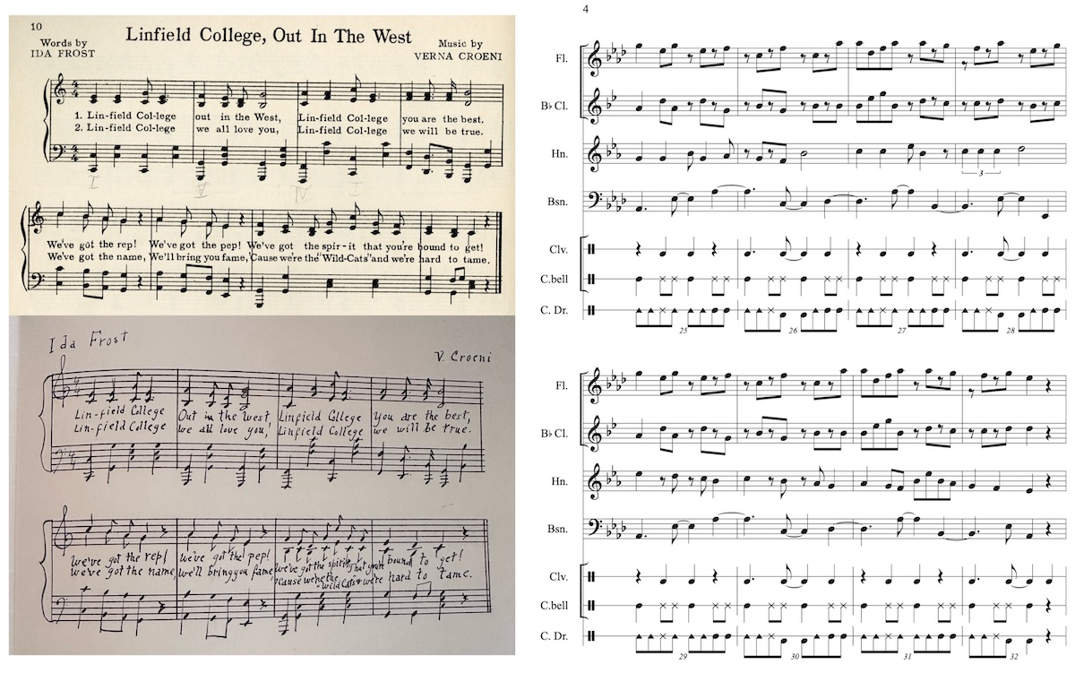 Two sets of musical scores for “Wachet auf, ruft uns die Stimme.” Left: original Bach organ score in three staves labeled Dextra, Sinistra, and Pedal. Right: a modern instrumental arrangement by Florian Cronetti, with parts for flute, clarinet in B-flat, horn in F, and bassoon.