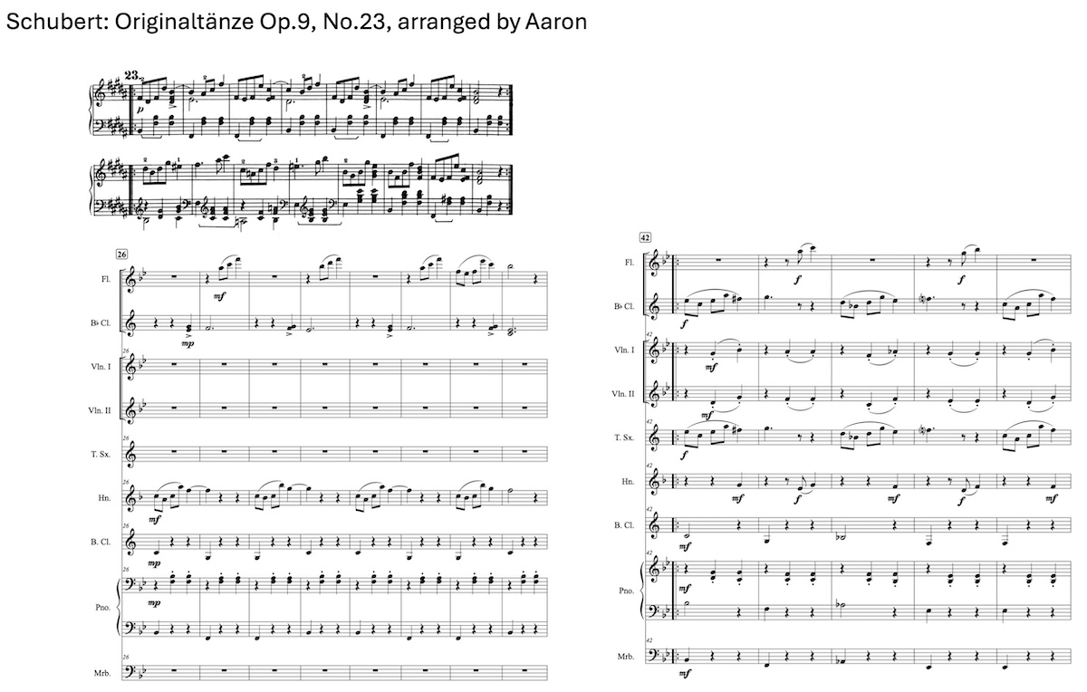 Two musical scores for Schubert’s Originaltänze, Op. 9, No. 23. Left: original piano version with fast, dance-like notation. Right: an arrangement by Aaron for multiple instruments, including flute, clarinet, violins I and II, tenor saxophone, horn, bass clarinet, piano, and marimba.