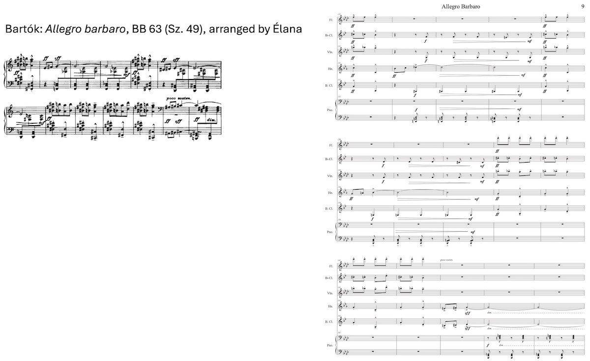 Two musical scores for Bartók’s Allegro barbaro. Left: the original piano score with dense chords and rhythmic passages. Right: a multi-instrument arrangement by Élana with staves for flute, clarinet, viola, horn, bass clarinet, and percussion.