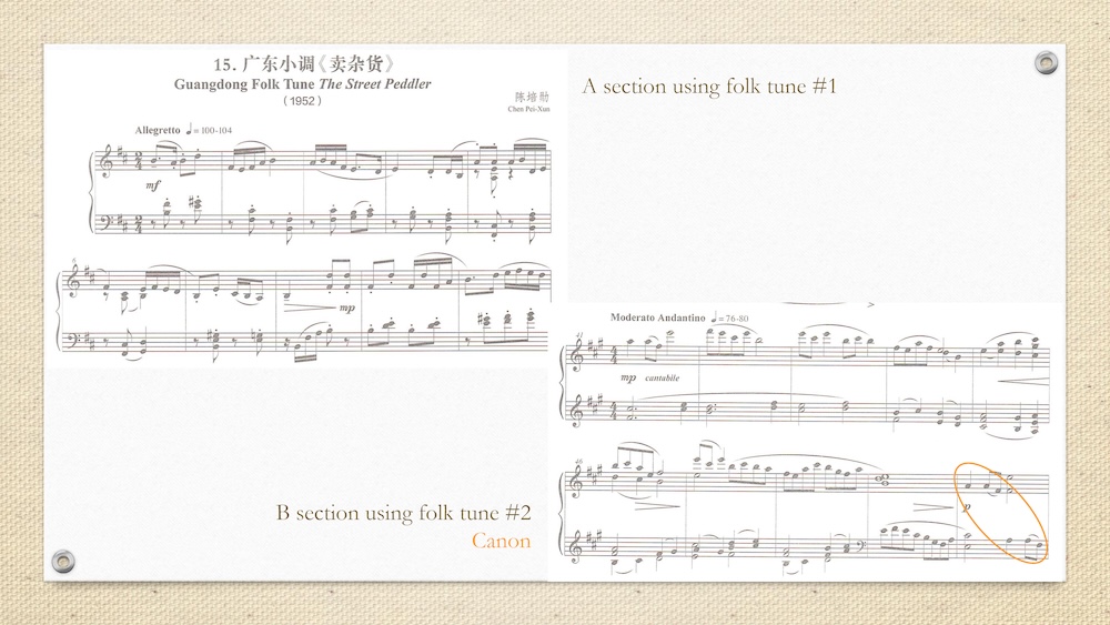 Slide analyzing Chen Pei-Xun’s “Guangdong Folk Tune: The Street Peddler” with annotated musical excerpts highlighting folk tune sections and canon technique.