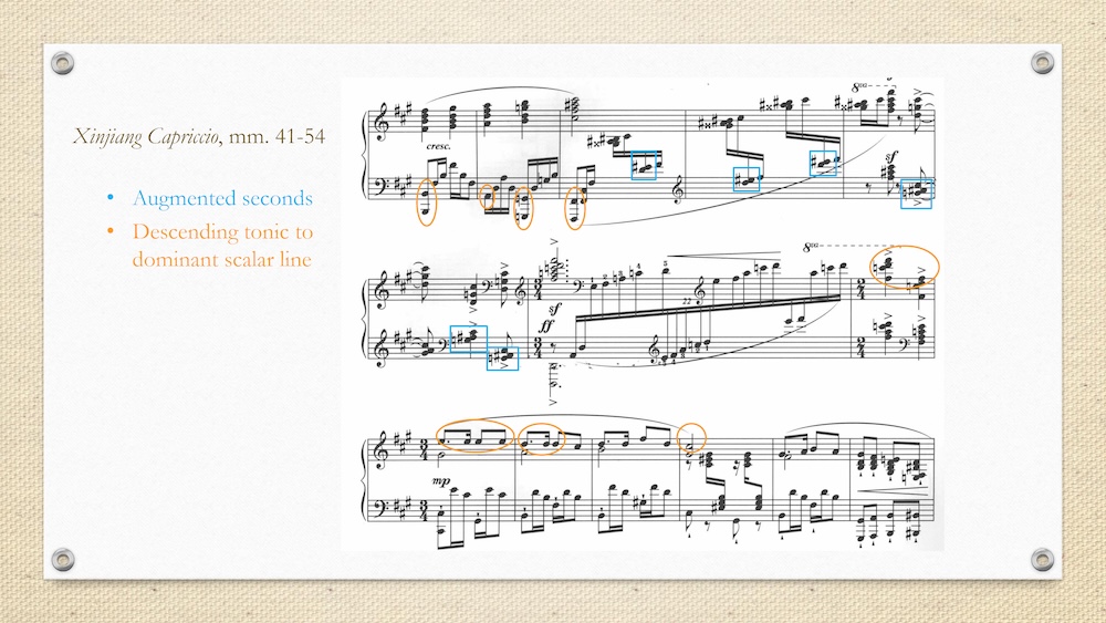 Slide analyzing excerpts from Chu Wang-Hua’s “Xinjiang Capriccio,” with annotated sheet music highlighting augmented seconds and descending scalar lines.