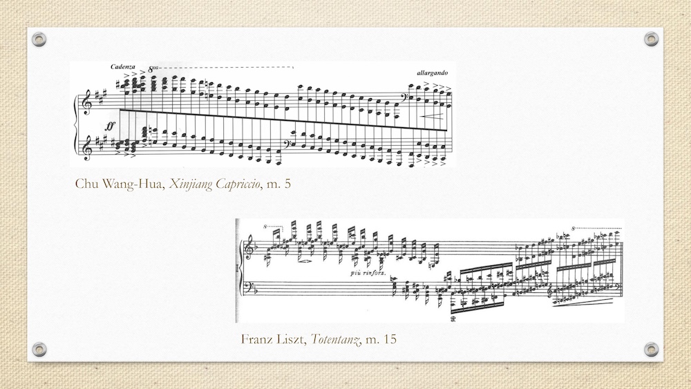 Slide comparing musical excerpts from Chu Wang-Hua’s “Xinjiang Capriccio” and Franz Liszt’s “Totentanz.”