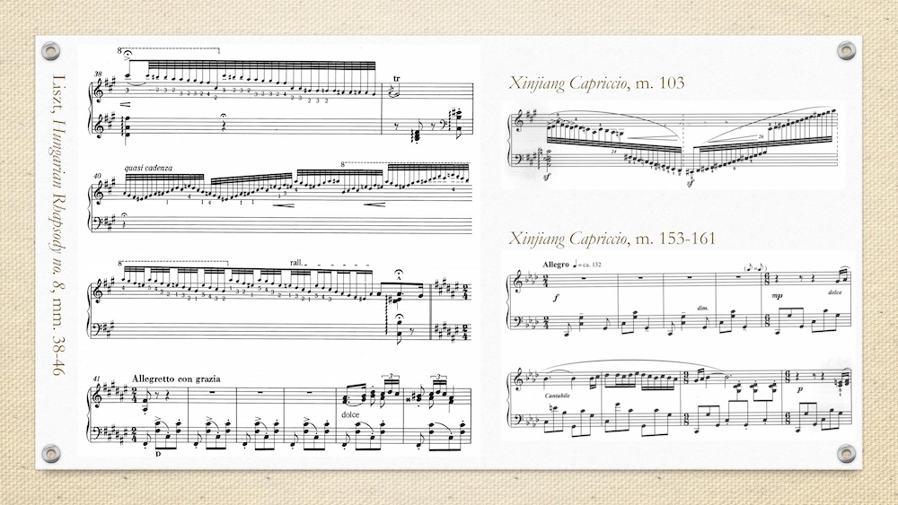 Slide comparing musical excerpts from Liszt’s “Hungarian Rhapsody No. 8” with excerpts from Chu Wang-Hua’s “Xinjiang Capriccio.”