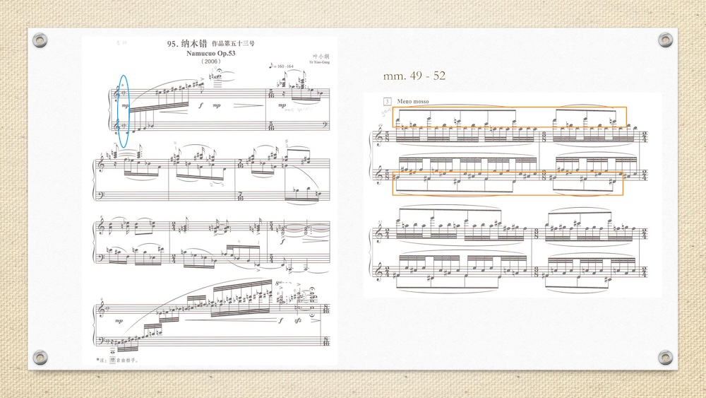 Slide displaying annotated sheet music excerpts from Ye Xiao-Gang’s piano work “Namucoo” (2006), including highlighted passages from measures 49–52.