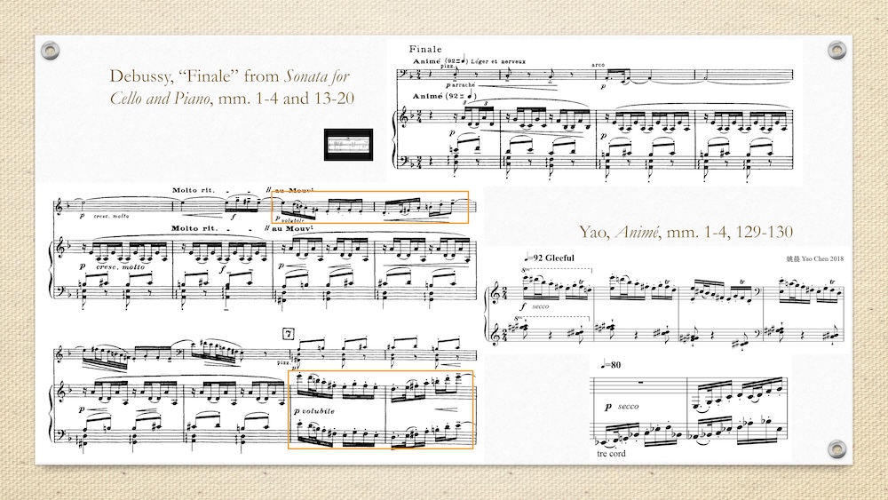 Slide comparing musical excerpts from Debussy’s Sonata for Cello and Piano with Yao Chen’s “Animé,” highlighting related melodic and rhythmic ideas.