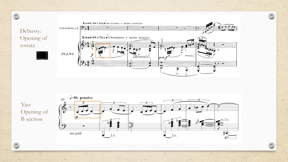 Slide comparing opening musical passages from Debussy’s sonata and the B section of Yao Chen’s composition, with highlighted motifs in the sheet music.