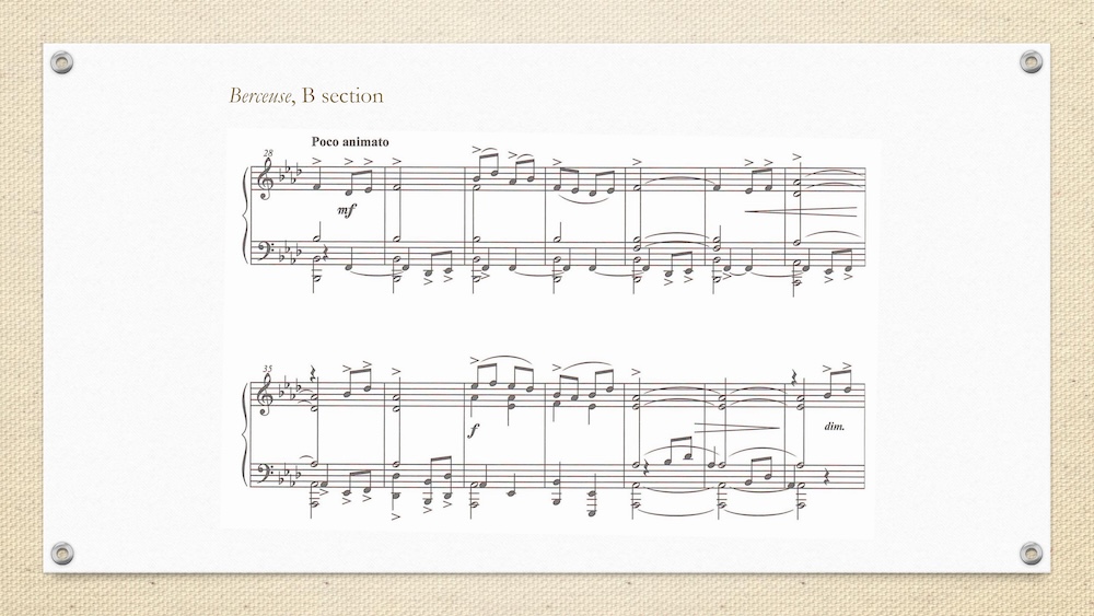 Slide showing musical excerpts from the B section of He Lu-Ting’s “Berceuse.”