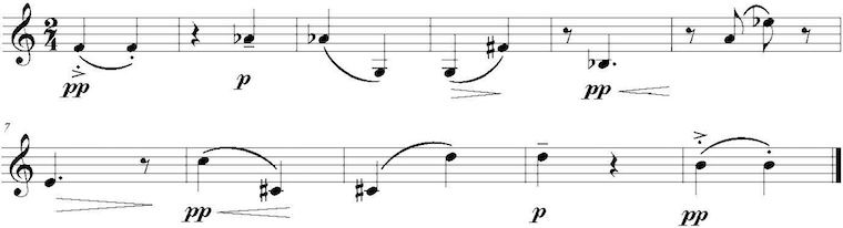 A two-line musical excerpt written in 2/4 time on a treble clef staff. The notation features sparse melodic fragments characterized by wide intervals, slurs, and specific dynamic markings throughout.  Notable elements include: - Frequent use of dynamic markings such as pianissimo (pp), piano (p), and crescendo hairpins. - Various articulations including staccato dots, tenuto lines, and slurs connecting notes. - Use of accidentals, including flats and sharps, across the measures. - Inclusion of rests to create rhythmic separation between melodic gestures.