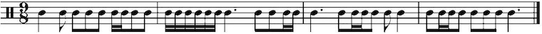 A rhythmic notation excerpt written in 9/8 time on a single-line percussion staff. The excerpt consists of four measures showcasing complex rhythmic subdivisions, including sixteenth and thirty-second note groupings, typical of advanced percussion rudimental patterns.