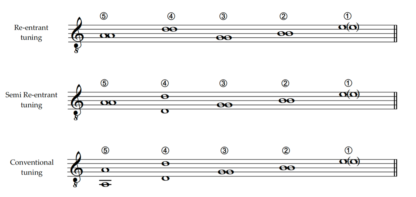 Three musical staves compare re-entrant, semi re-entrant, and conventional tunings.   The top staff, labeled “Re-entrant tuning,” shows the fifth string tuned higher than the fourth, producing a non-linear pitch order.   The middle staff, “Semi Re-entrant tuning,” shows a partially linear sequence, with the fifth string slightly lower but still not the lowest pitch.   The bottom staff, “Conventional tuning,” displays pitches arranged from lowest (fifth string) to highest (first string) in ascending order.   Each staff has paired noteheads labeled ⑤ through ①, representing the strings from lowest to highest.