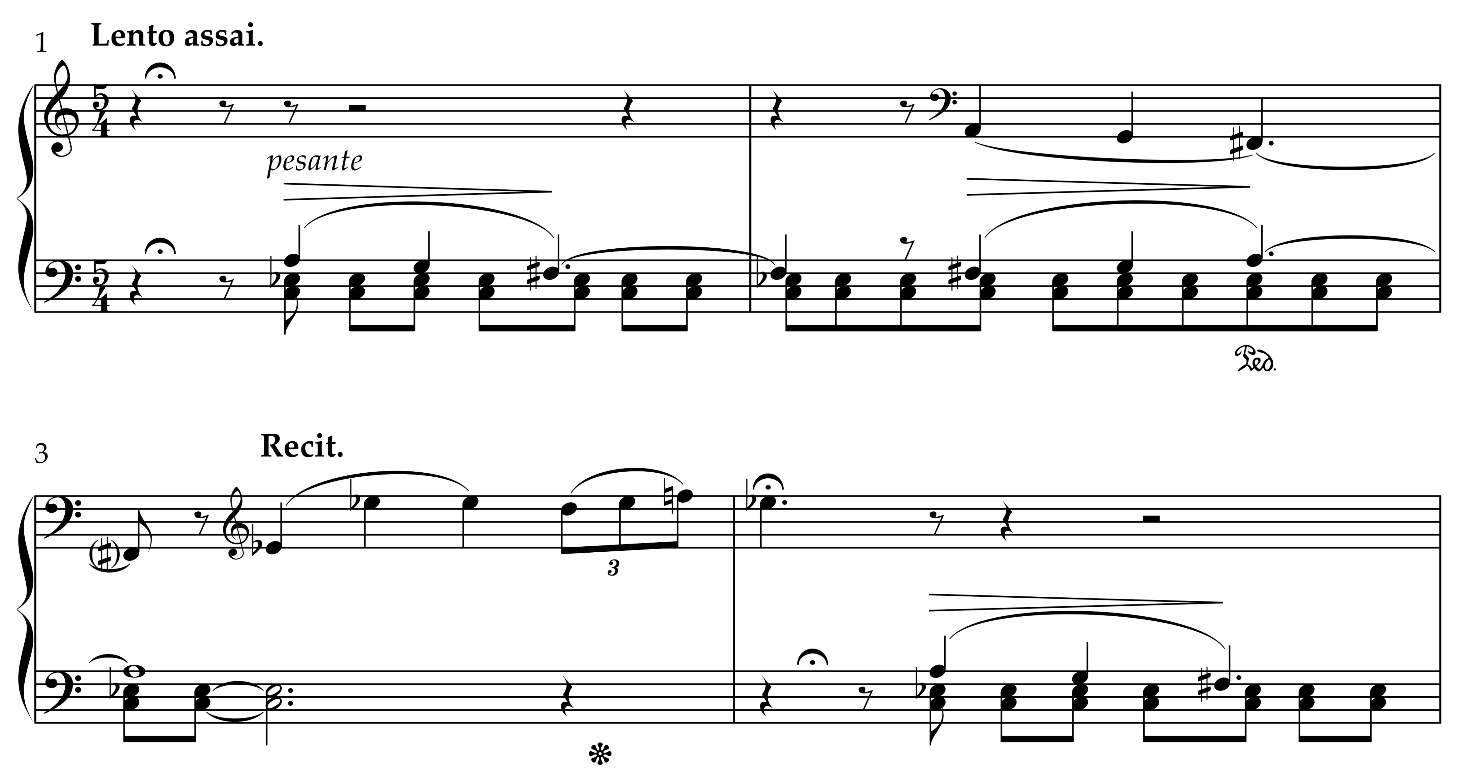 Excerpt from Liszt’s Pensée des morts marked Lento assai and pesante, followed by Recit. The passage features slow, weighty left-hand chords with expressive melodic lines and pauses, evoking a recitative-like opening.