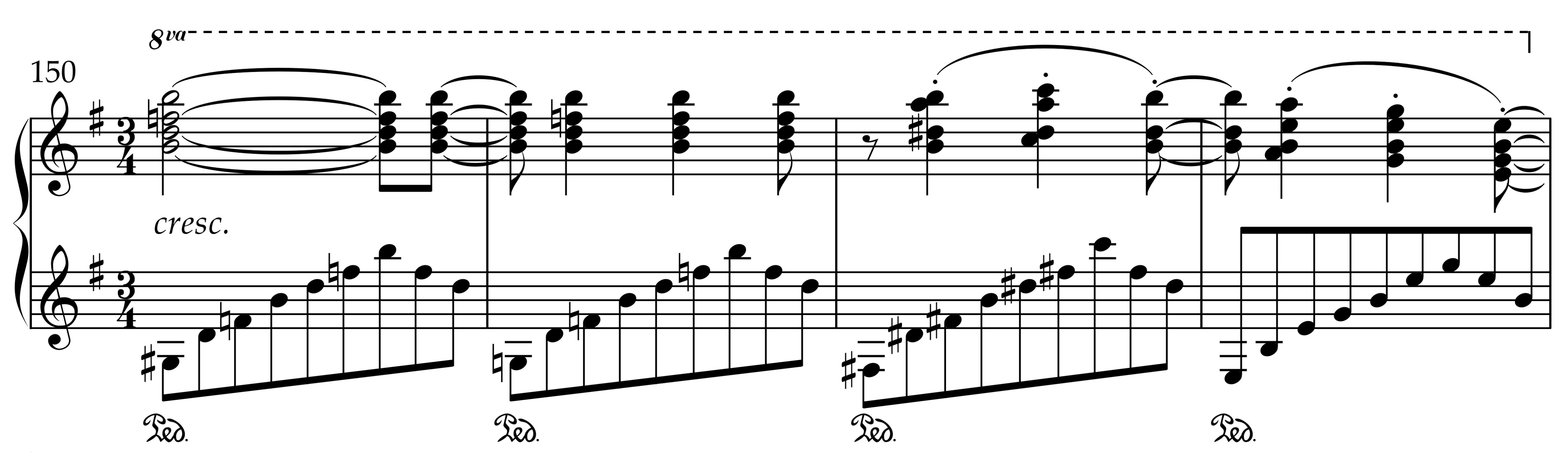 Excerpt from Liszt’s Pensée des morts around measure 150, showing a cresc. passage with sustained octave chords under an 8va marking in the right hand and ascending arpeggiated figures in the left hand, creating rhythmic and registral displacement.