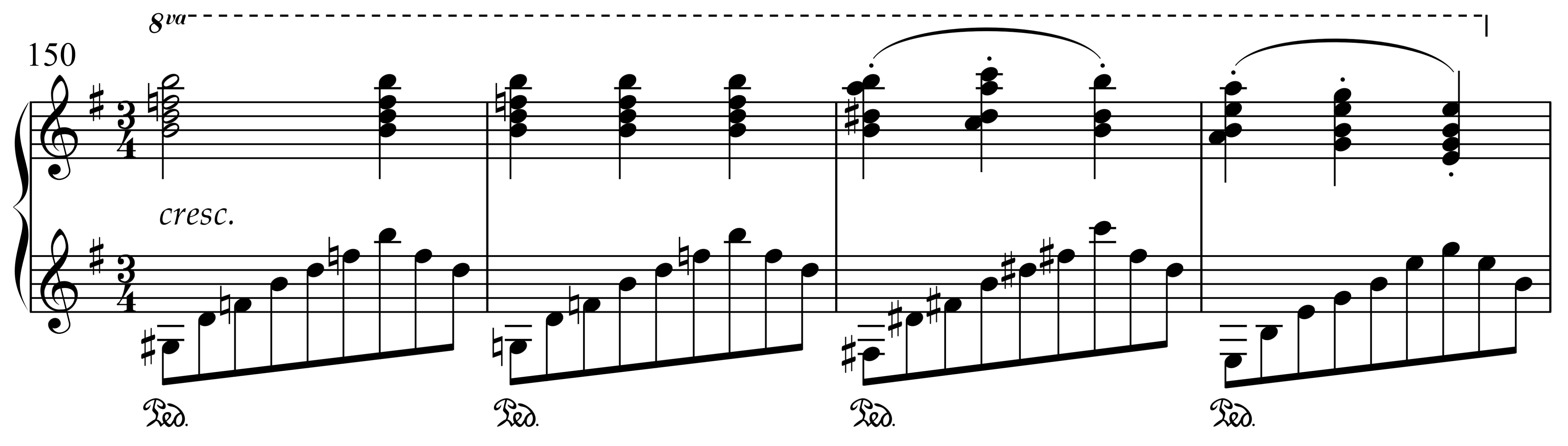 Excerpt from Liszt’s Pensée des morts around measure 150, marked cresc. and 8va, showing block chords in the right hand aligned with rising arpeggiated figures in the left hand—illustrating a simplified version of the displaced rhythmic texture.