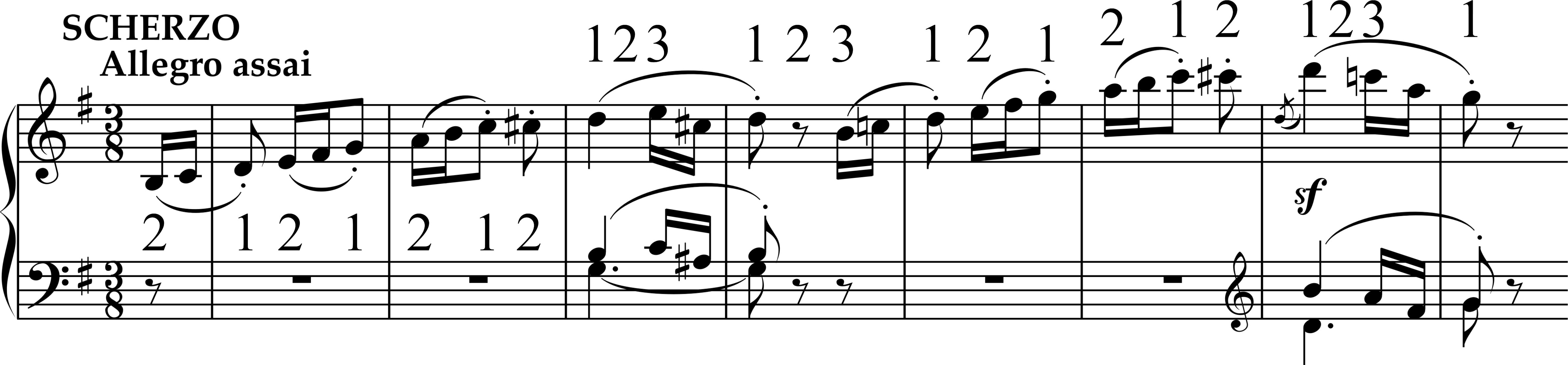 Excerpt from Beethoven’s Scherzo: Allegro assai in 3/8 meter, showing a lively right-hand melody with repeated rhythmic figures and fingerings, accompanied by simple bass notes and marked sf near the end.