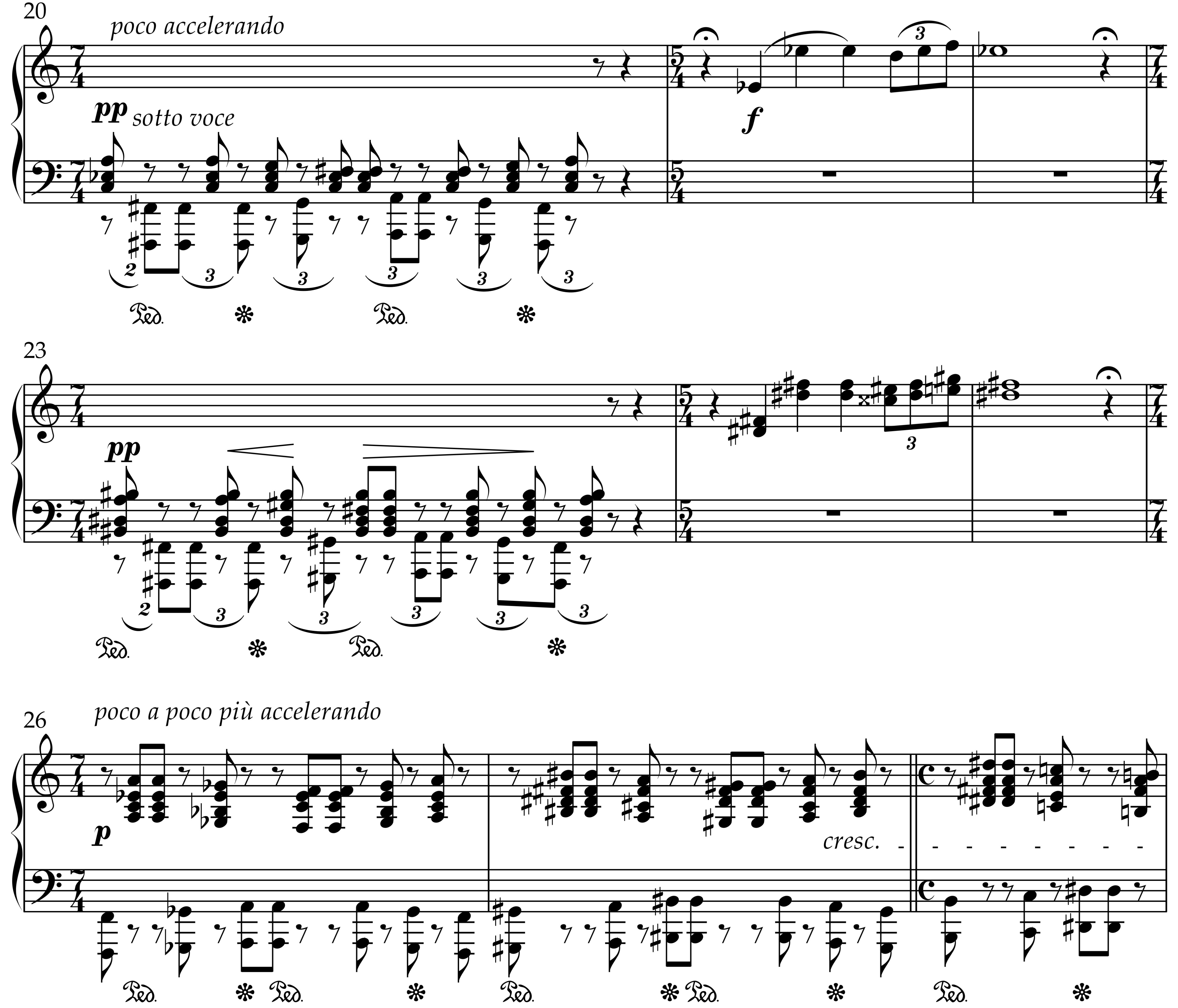 Excerpt from Liszt’s score marked poco accelerando and sotto voce, showing shifting rhythmic groupings and meter changes, soft repeated chords in the left hand, and gradual dynamic increase with cresc. toward the end.