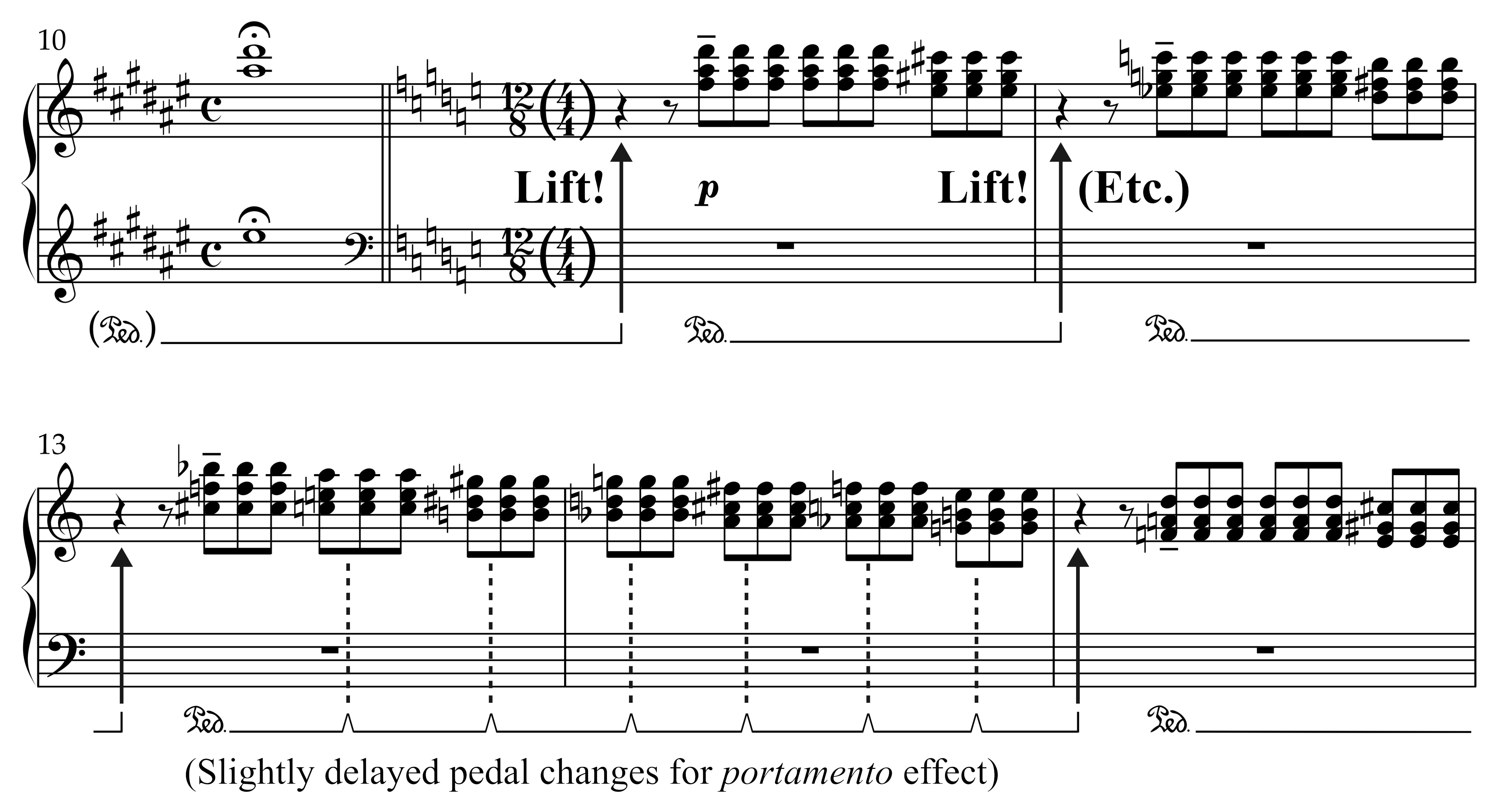 Excerpt from Liszt’s Mephisto Waltz No. 3 illustrating pedaling instructions. It marks “Lift!” above repeated chordal figures and shows sustained pedal lines with notes for “slightly delayed pedal changes for portamento effect.”