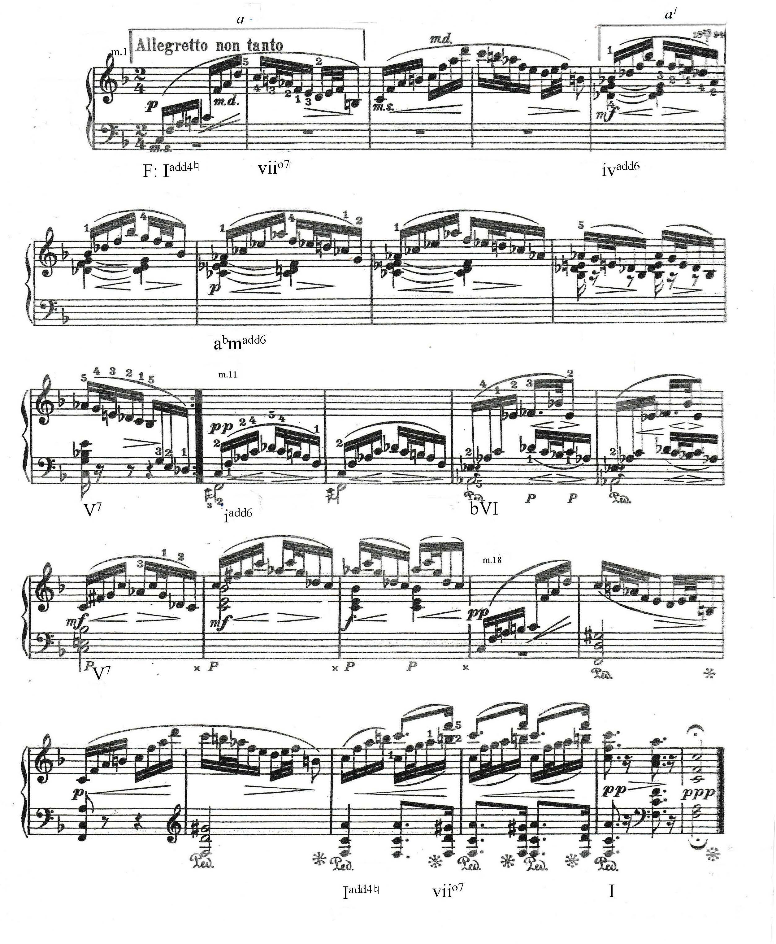 Excerpt of piano sheet music marked Allegretto non tanto, featuring flowing right-hand arpeggios, dynamic contrasts, and harmonic analysis annotations throughout.