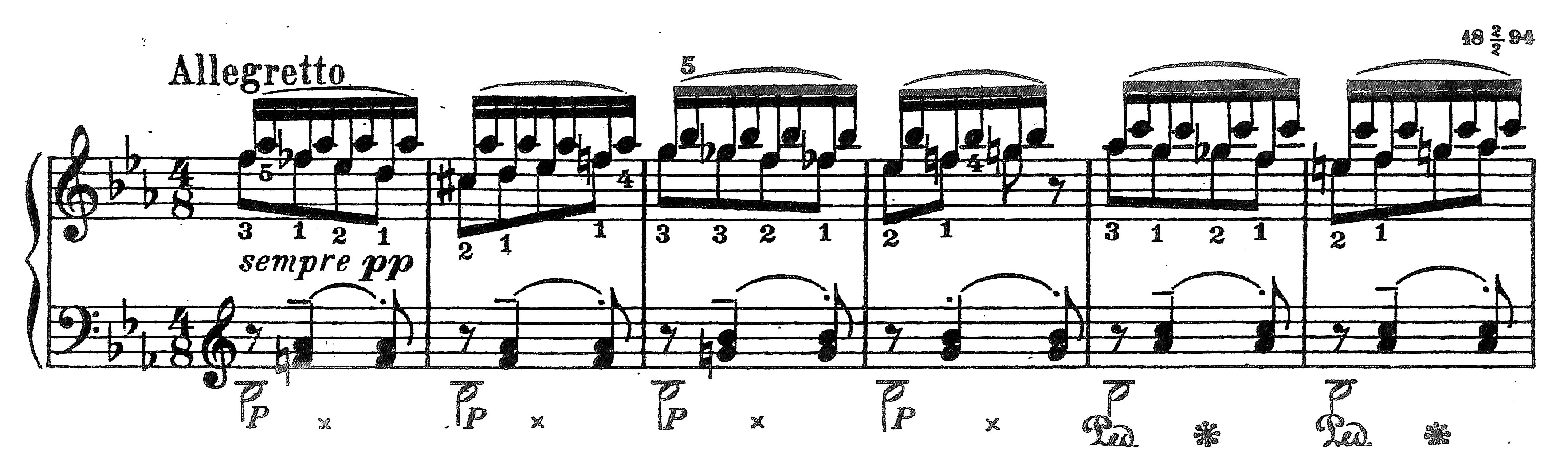 Excerpt of piano sheet music marked Allegretto, showing right-hand sixteenth-note patterns and left-hand accompaniment in B-flat major, labeled sempre ppp.